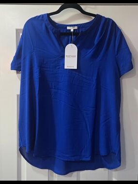 Pleione Royal Blue Short Sleeve Notch Neck Blouse